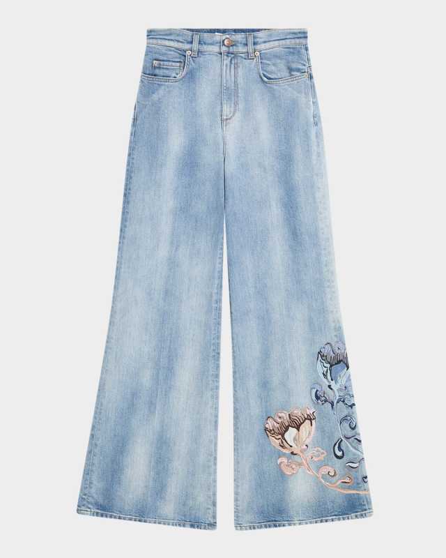 Denim Love Faded Floral-Embroidered Denim Jeans